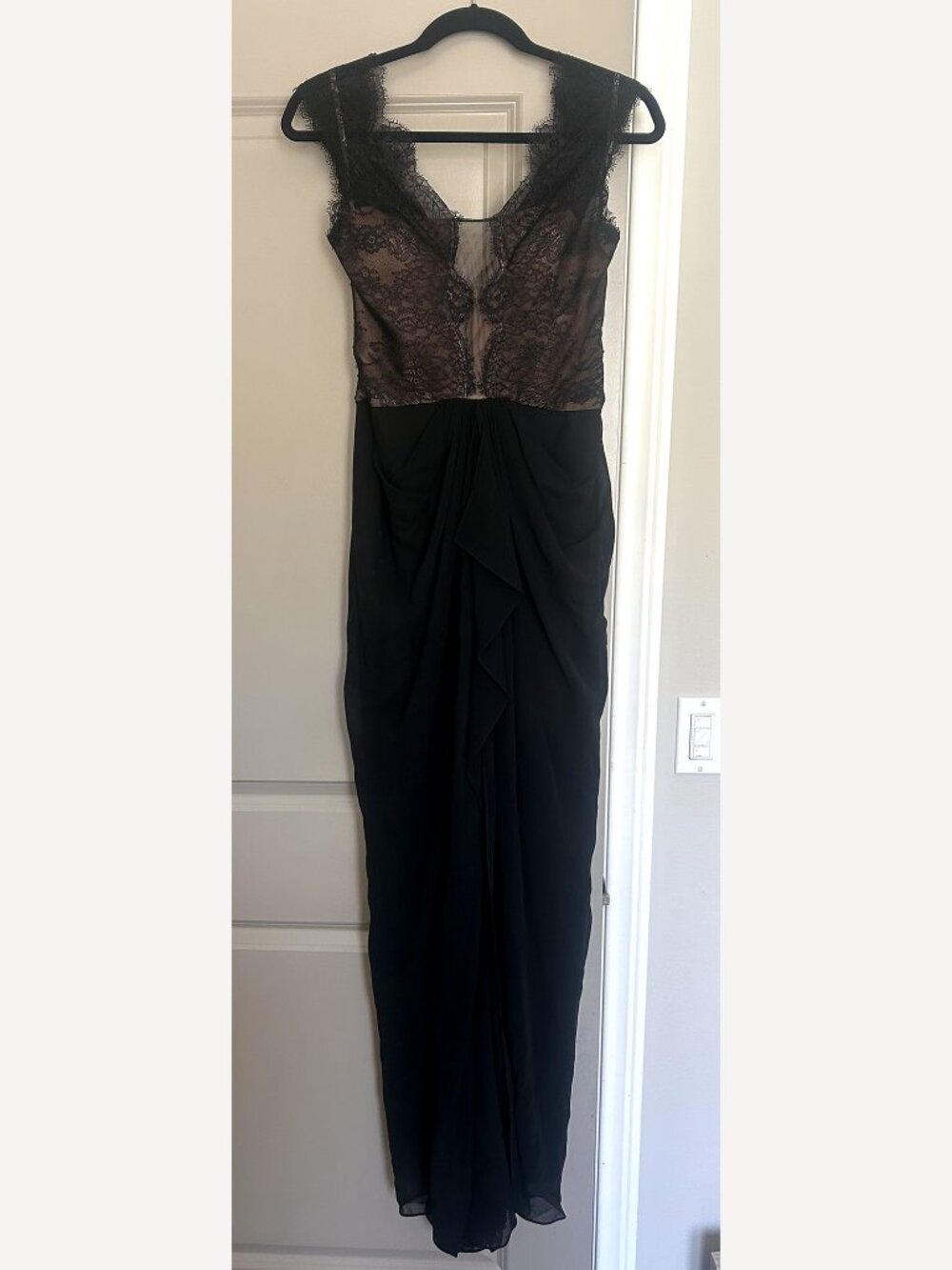BCBG Max Azria Black Lace Chiffon Gown Nude Illusion Draped Maxi Dress